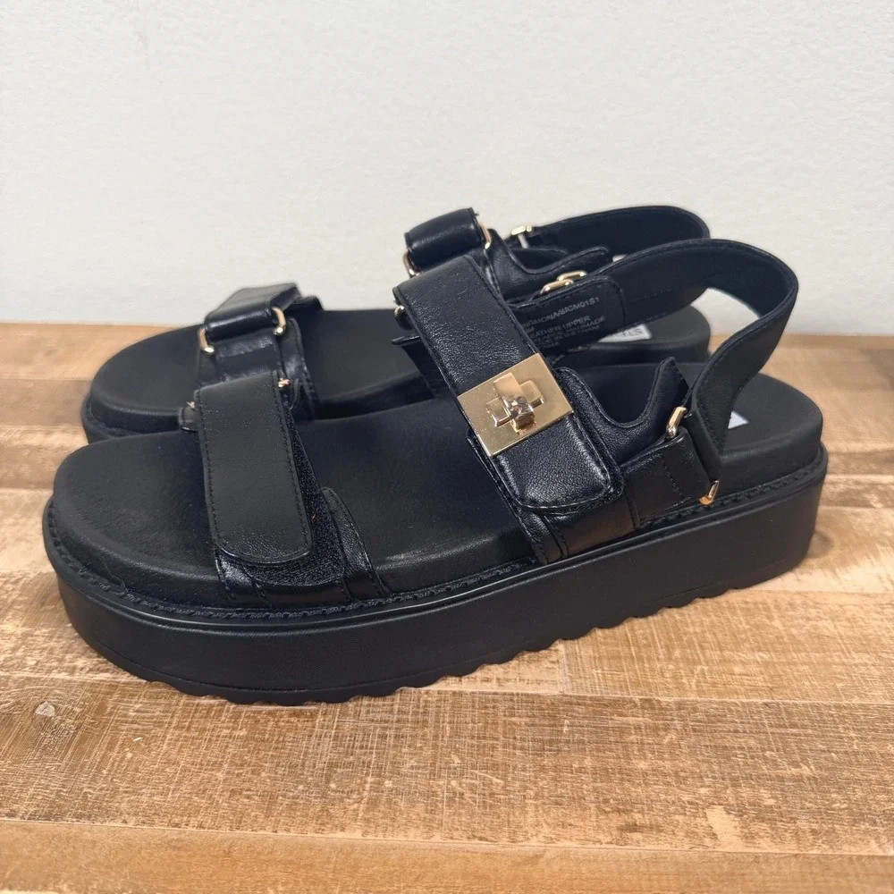 Steve Madden Big Mona Platform‎ Sandals Women 9 Black Leather Gold Turn Lock